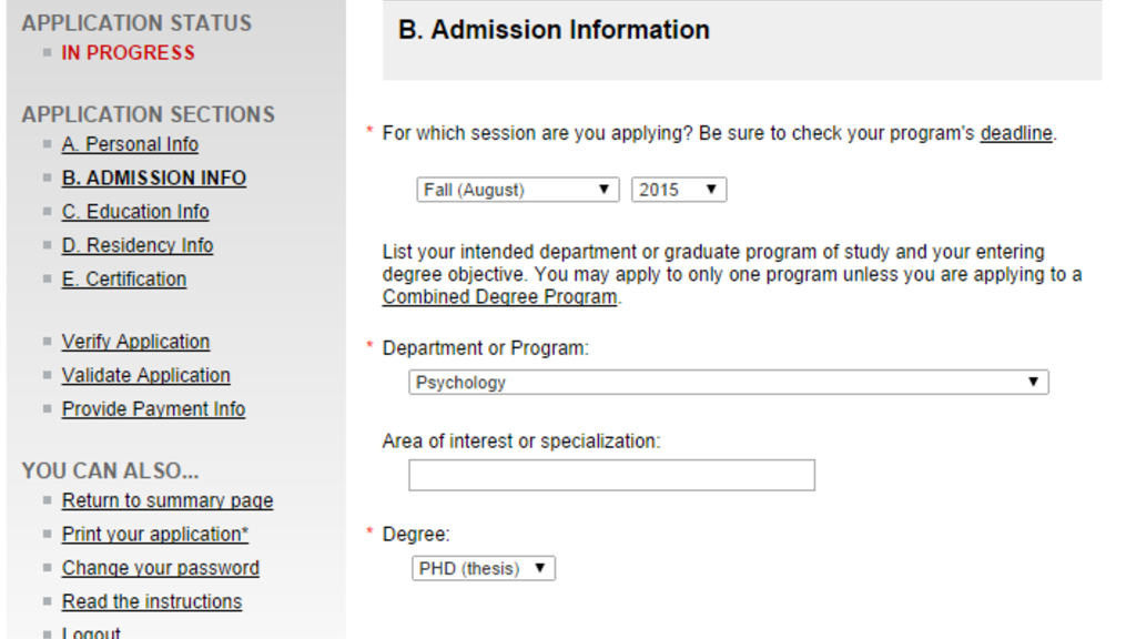 Admission Information screenshot